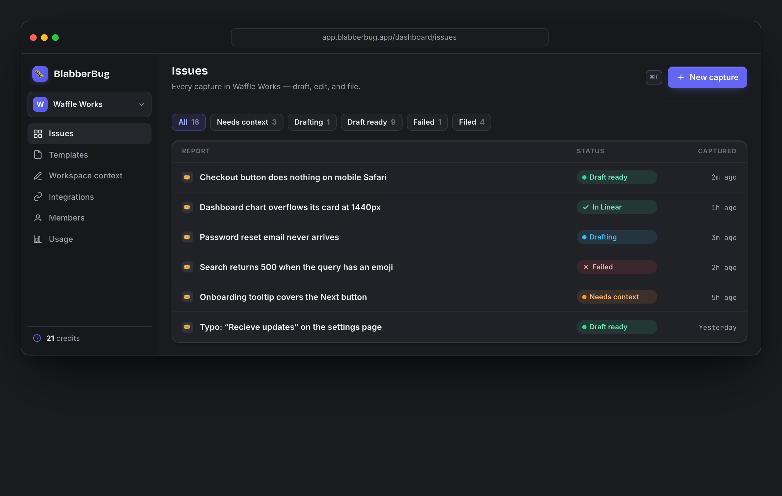 The BlabberBug dashboard listing generated bug reports with their logs