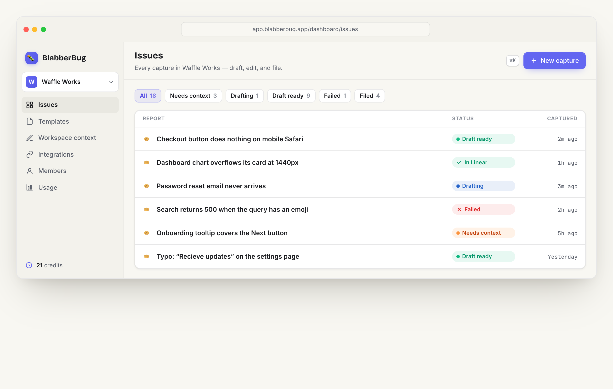 The BlabberBug dashboard listing generated bug reports with their logs